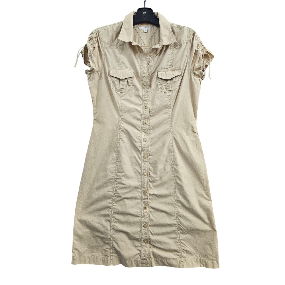 Tommy Hilfiger Shirt Dress Womens Large Tan Cotton Safari Ruched Sleeve Utility